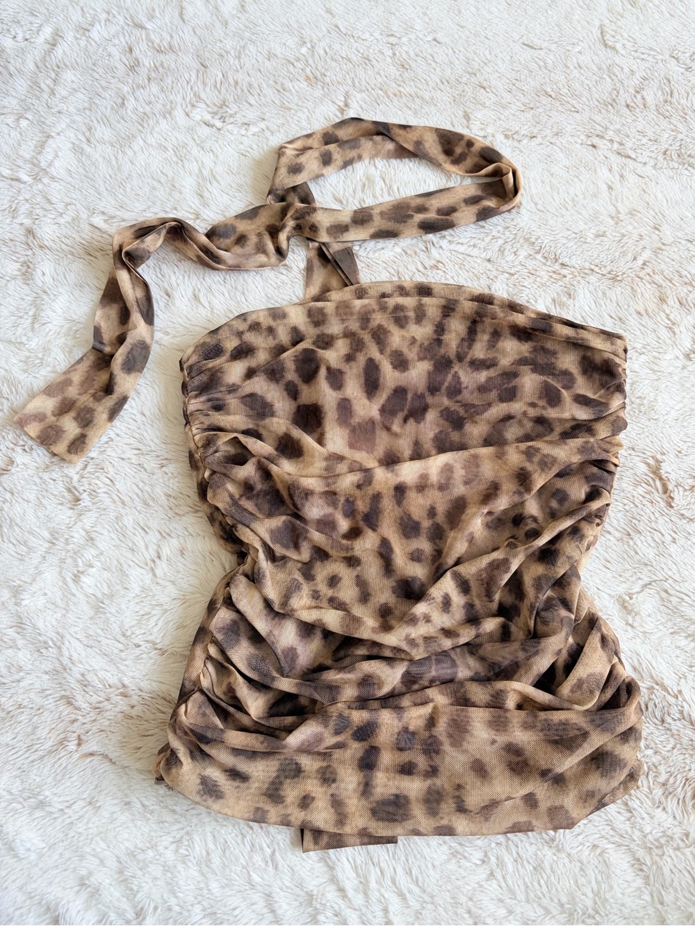 🐆 Y2K Leopard Mesh Ruched Tie Neck Top S McBling Mob Wife Baddie Party Clubwear